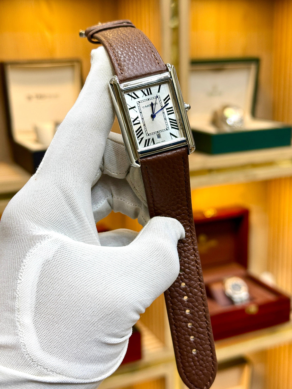 Cartier Tank Brown Plain Straps (Silver Case with White Dial)