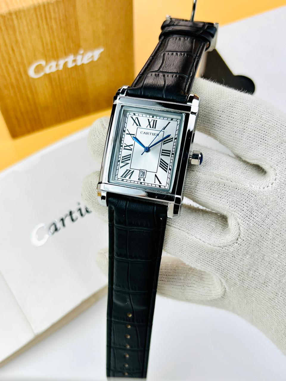 Cartier Tank Black Leather Straps Master Quality (Silver Case with White Dial)