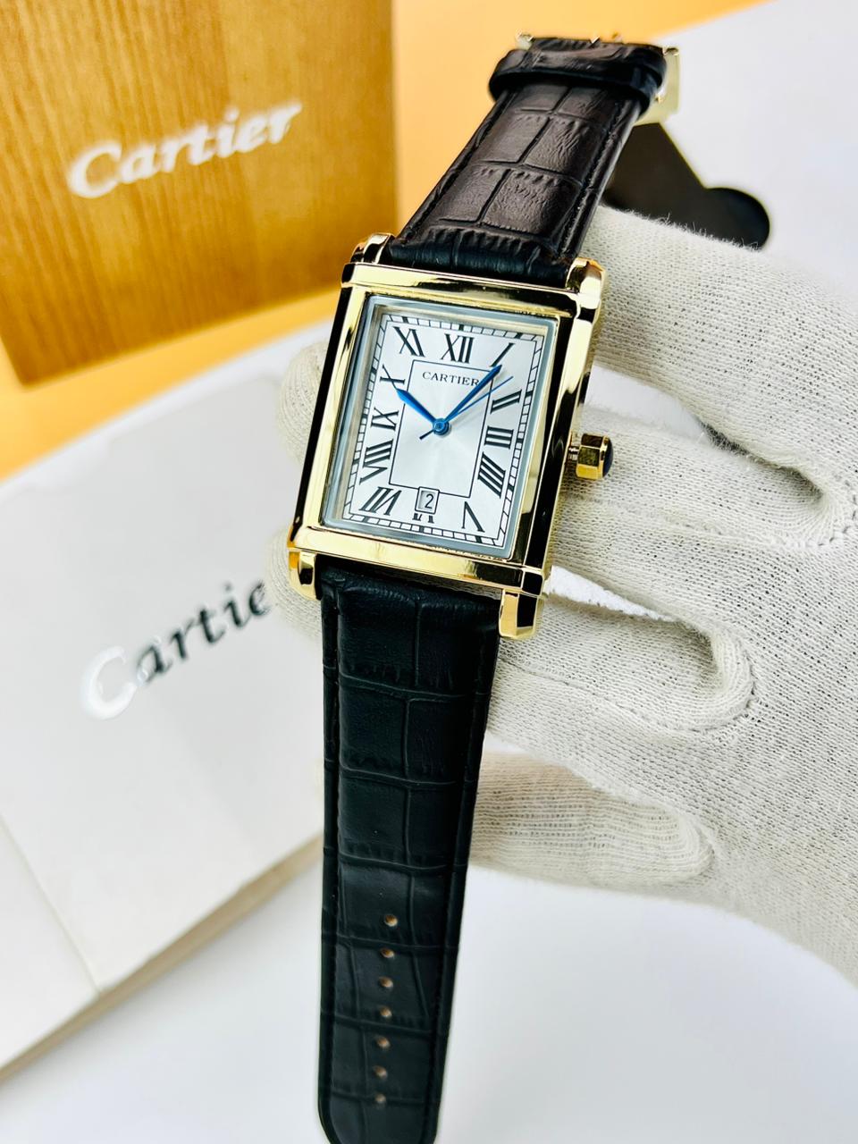 Cartier Tank Black Leather Straps Master Quality (Golden Case with White Dial)