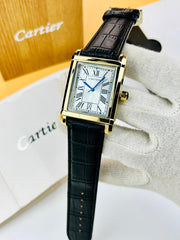 Cartier Tank Black Leather Straps Master Quality (Golden Case with White Dial)
