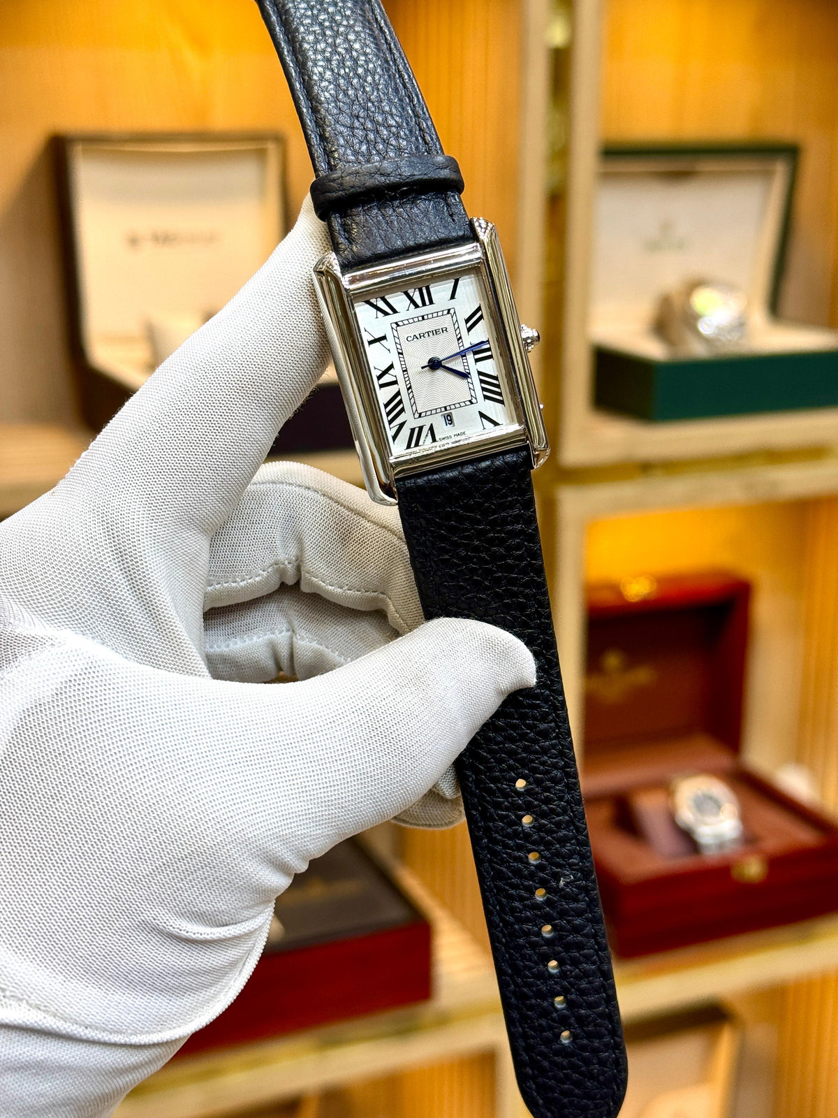 Cartier Tank Black Plain Leather Straps (Silver Case with White Dial)