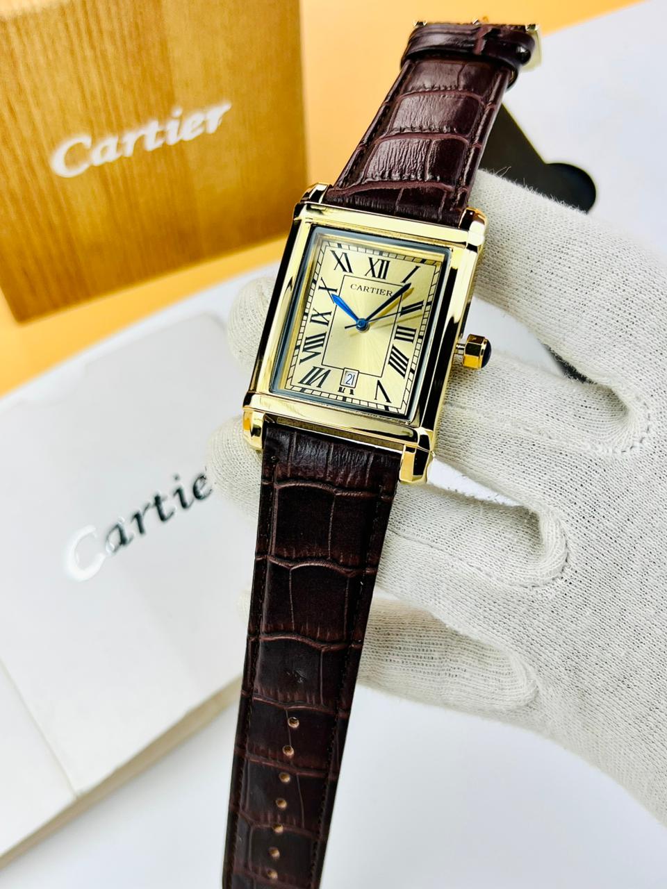 Cartier Tank Brown Leather Straps Master Quality (Golden Case with Golden Dial)